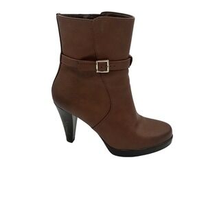 Andrea Brown Faux Leather Platform Heeled Ankle Boots Buckle Bootie Size 8.5